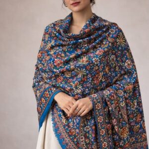 Pashmina Kalamkari Shawl - Azure Floral Paisley